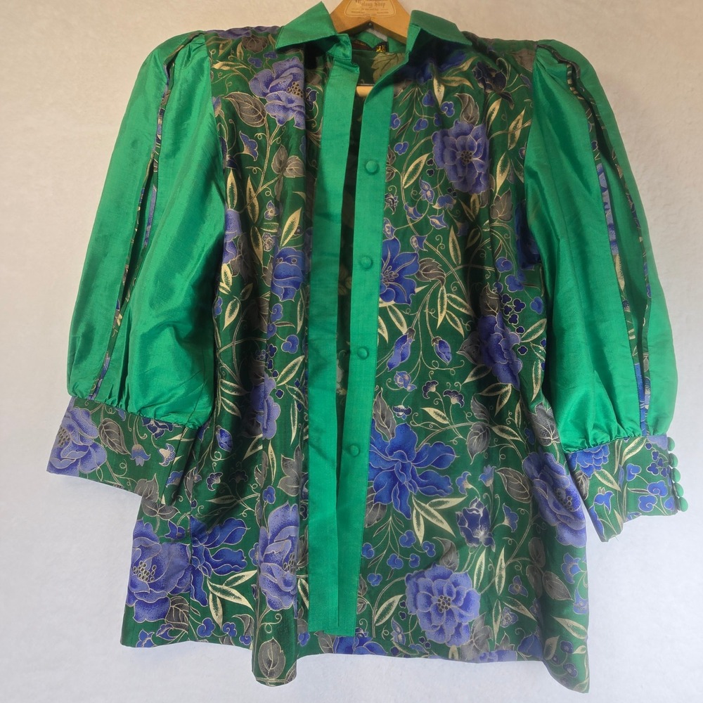 Vintage River Thai Silk Floral Brocade Blouse Top Dopamine Statement Womens XL